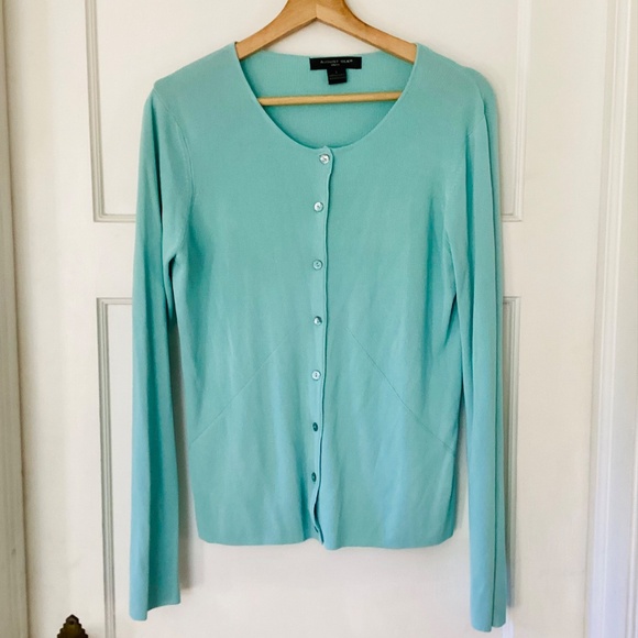 August Silk Rayon Blend Micro Rib Cardigan Women’s L Light Blue Feminine Preppy - Picture 2 of 13